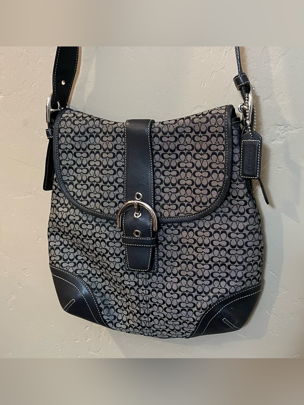 Coach Black Gray Soho flap duffle Signature Canvas Crossbody Bag Buckle y2k